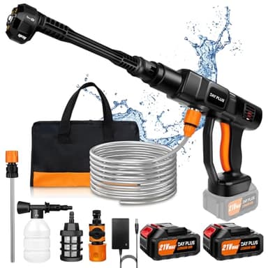 Nettoyeur Haute Pression sans Fil,21V 45 Bar/652 PSI Nettoyeur Haute Pression Portable avec 2PCS 3.0Ah Batterie, buse réglable 6 en 1, Tuyau de 5 m, Nettoyeur à Pression pour Voiture/Plancher/Jardin