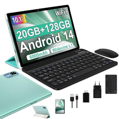 Tablette 10 Pouces Tablette Android 14 tablette tactile 20GO RAM + 128GO ROM (1tb TF) Widevine L1/ 5GWiFi 6/ Bluetooth 5.0/Octa-Core Tablette avec Clavier et Souris + Assurance écran d'un an-Vert