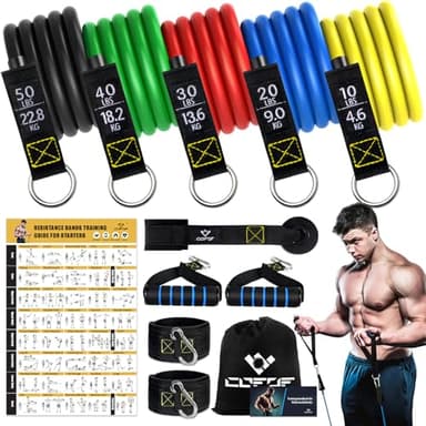 Kit Elastique Musculation, 5 Elastic Musculation, Elastique Sport avec Grandes Poignées, Sangles de Cheville, Accessoire d'ancrage de Porte, Idéal L'entraînement en Force et la Physiothérapie