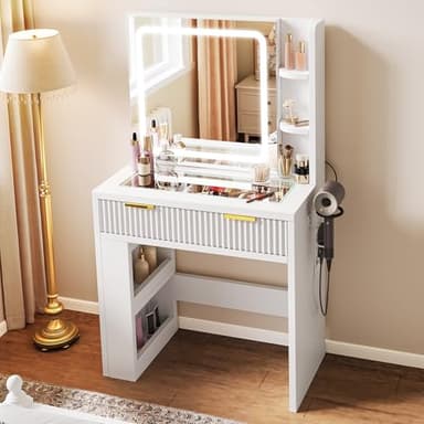 YITAHOME Coiffeuse avec éclairage LED réglable et Prises - Table de Maquillage avec Plateau en Verre Transparent - pour Chambre à Coucher, 1 tiroir et 4 Compartiments - Blanc