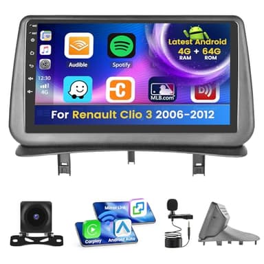 Inefala 4+64G Radio pour Renault Clio 3 2006-2012, 9'' Android 15 Ecran avec sans Fil Carplay/Android Auto Lien Miroir GPS Radio FM/RDS DSP WiFi Bluetooth SWC USB AHD Caméra de Recul