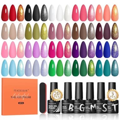 PEACECOLOR 25PCS Vernis Semi Permanent - 20 Couleurs Rouge Blanc Noir Rose Vernis à Ongles Soak off U V/LED avec Base et Top Coat pour Manucure Cadeau, 7ML