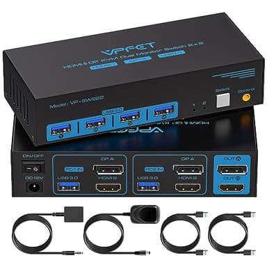 8K60Hz HDMI DisplayPort KVM Switch 2 PC 2 Monitor USB 3.0 Commutateur KVM pour Deux Ordinateurs Partager Deux Moniteur et 4 Périphériques avec Contrôleurs d'extension et Adaptateurs d'alimentation