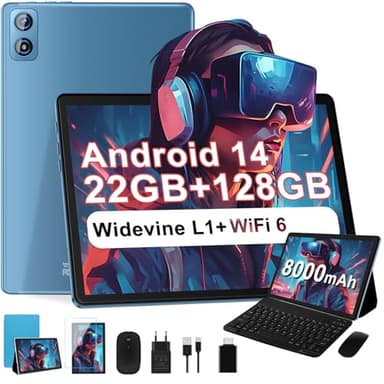 Dghrti 2025 Tablette Tactile 10 Pouces Android 14 Tablet, 22Go+128Go ROM/TF 1TB, 8000mAh, UFS 2.1 Flash, Octa-Core 2.0GHz, WiFi 5G+2.4G, BT5.0, 8MP+5MP, Widevine L1, avec Clavier Souris - Bleu