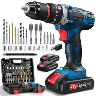 Perceuse Visseuse Sans Fil, 21V Visseuse Devisseuse Sans fil avec 2 Batteries, 45Nm Perceuse Percussion, 25+3 Réglages de Couple, 10mm Métal Mandrin Verrouillage, 2 Vitesses, 27 Accessoires, LED