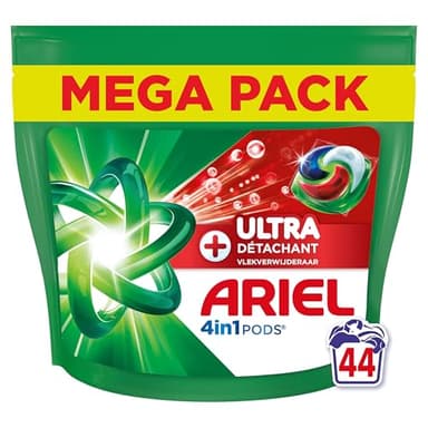 Ariel Pods 4en1 +Ultra Détachant, Lessive en Capsules, 44 Lavages, Élimine Même les Tâches Incrustées Depuis 7 Jours, Dissolution Rapide Même à Froid, Fabriqué en France