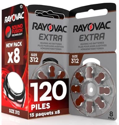 120 Piles Rayovac pour appareils auditifs Extra Taille 312 PR41 Marron - 15 Blisters de 8 Piles