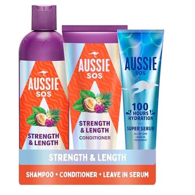 Aussie Strength & Length Lot de 3 shampoings, après-shampoing et super sérum sans rinçage Hydrate et renforce les cheveux longs, secs et abîmés. Lisse, adoucissent, démêle, prévient les pointes