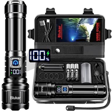 Blukar Lampe Torche LED Ultra Puissante Super Lumineux, Lampe de Poche Rechargeable 5000mAh, Zoomable 5 Modes, IP67 Étanche, Longue Durée LED Torche pour Camping Randonnée Pêche Urgence