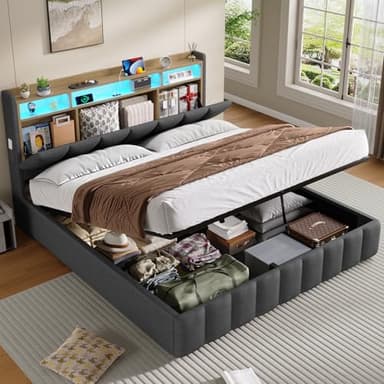 KIMENICH Lit Coffre 160 x 200 à LED, Lit Hydraulique avec Étagères Ouvertes et Rangement Caché en Tête de Lit Capitonné, lit 2 Personnes avec Lattes en Bois, Lits 160 x 200 avec Sommier en Lin Gris