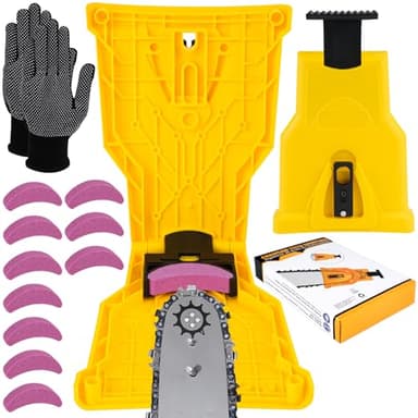 Affuteuse de Chaine Tronconneuse, Universel Affuteur Chaine Tronçonneuse, Aiguiseur Chaine Tronconneuse avec 10 Pierres à Aiguiser et 1 Paire de Gants, Rapide Aiguiseur Chaîne Outil pour Bûcherons