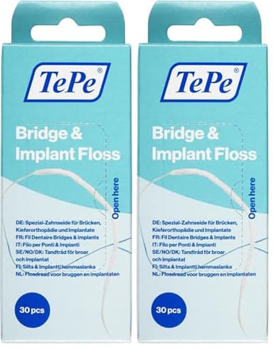 Fil dentaire TePe Bridge & Implant, 30pcs, fil dentaire large adapté aux appareils orthodontiques, aux bridges et aux implants, permet d'éliminer efficacement la plaque entre les dents. (Lot de 2)