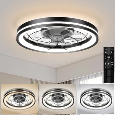 Airwit 48cm Ventilateur de Plafond Silencieux avec Lumiere et Telecommande, Moderne Rond Ventilateurs de Plafond avec Lampe Intégrée, Dimmable Ventilateur Plafond Chambre avec Reversible DC Moteur