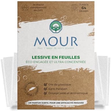 MOUR - Lessive en Feuille Écologique - 64 Lavages - Votre Linge Doux, Éclatant et sans Traces - Basse et Haute Température - Zéro Plastique - Pratique à Utiliser et à Ranger - Fraîcheur Intense