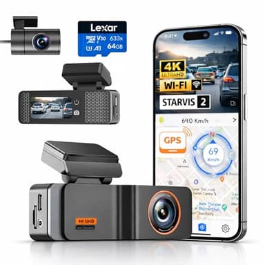 Dashcam Voiture 4K Avant + 1080P Arrière, Caméra Embarquée GPS & WiFi, Vision Nocturne, Grand Angle 170°, Mode Parking 24H, Enregistrement en Boucle, Capteur Chocs, Carte SD 64Go Incluse