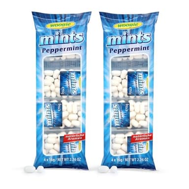 Woogie Mints Peppermint Lot de 2 – Dragées à la menthe poivrée rafraîchissantes – 2x4 boîtes de 16g – Idéal en déplacement, au bureau & en voiture – Goût mentholé intense pour une haleine fraîche
