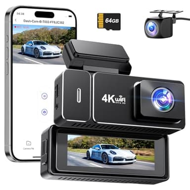 Dashcam Voiture Avant Arrière 4K+1080P, CHORTAU Camera Embarquée Voiture WiFi avec Application IPS 2,99" avec Carte 64Go Gratuite, Caméra de Voiture avec Vision Nocturne, Moniteur de stationnement