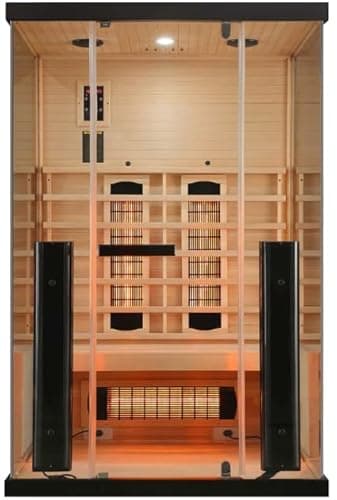 SANOTECHNIK Infrarotsauna GRENA DELUXE 2 – Cabine de sauna infrarouge pour 2 personnes 125×100×190 cm | 5 projecteurs à spectre complet (2.200 W), éclairage coloré, radio Bluetooth, verre trempé ESG 6