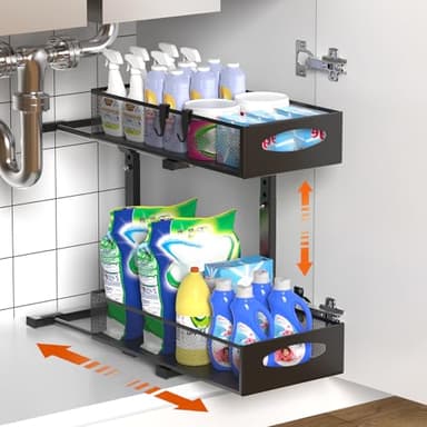 Housolution Rangement sous Évier en Métal, 2 Niveaux Étagère sous Évier Coulissant de Cuisine avec Hauteur Réglable, Organisateur sous Évier pour Placard de Cuisine, 1 Pièce, Noir