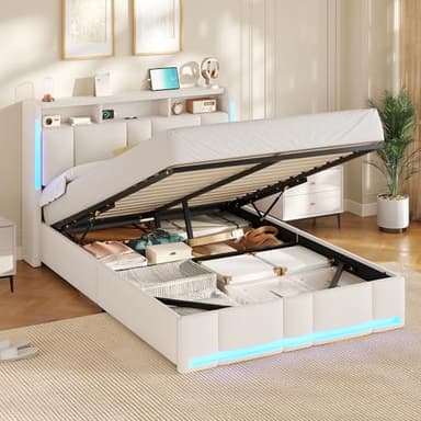 AOGLLATI Lit Coffre 140x190 CM, Lit Double avec LED et Ports USB, Cadre de lit avec Tête de Lit capitonné et Rangement, Lattes en Bois, Lin Beige(sans Matelas)