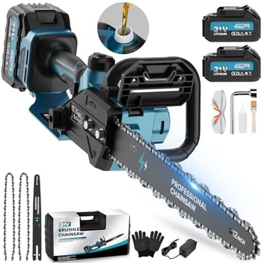 12 Pouces Tronçonneuse À Batterie, 2x4000mAh Tronçonneuse Électrique Sans Fil, Élagueuse Sans Fil pour Outils de Jardin, Coupe du Bois, Bricolage (1800W Brushless) - PowerCut X13