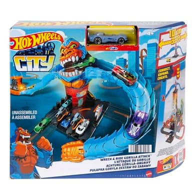 Hot Wheels Coffret Station-Service City – L’Attaque du Gorille avec Figurine Gary Le Gorille, 1 Véhicule Inclus, À Collectionner, Jouet Enfant, De 4 À 8 Ans, HDR30