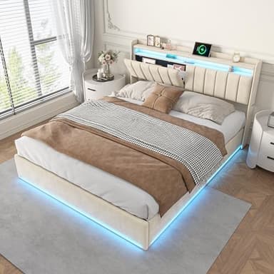 HYTKKBD Lit double rembourré, 160 x 200 cm, lit coffre avec LED et USB, structure lit avec récipient et tête de lit, sommier à lattes en bois, sans matelas, beige