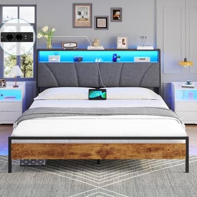Brinlawb Cadre de lit 160x200 avec Sommier Métal, Lit 2 Personnes avec Lumières LED, Multiprise(2 Prises AC, 2 Ports USB) lit double 160x200cm avec Rangement, Facile à Assembler, Marron Vintage & Gris