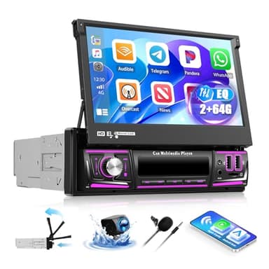 OiLiehu 2G+64G Android 13 Autoradio 1 Din avec CarPlay Android Auto sans Fil, 7“ Rétractable Manuellement Écran Tactile avec GPS WiFi Lien Miroir Bluetooth FM/RDS EQ USB AUX TF SWC Caméra Arrière