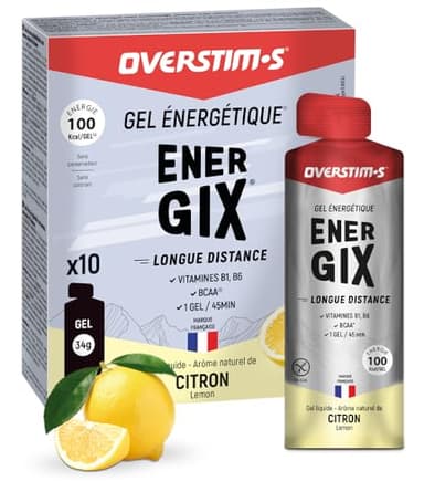 Overstim.s - Gel Energix (10 sachets) - Gel énergétique pour le sport (vélo, course à pied..) - Energie longue durée (Glucose + Fructose + Maltodextrines) - BCAA - 100 kcal/gel - Saveur Citron