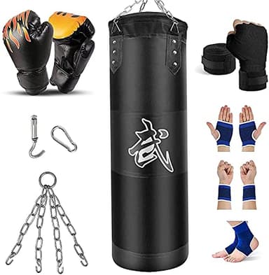 Prorobust Sac de boxe lourd pour homme, femme et enfants, ensemble de sac de frappe non rempli avec gants de frappe, chaîne, crochet de plafond pour MMA, kickboxing, muay thai, karaté, taekwondo (1 m,