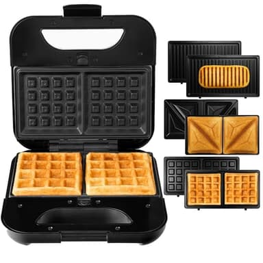 LEHMANN Multifonction Appareil Croque Monsieur 3 en 1 avec Plaques Interchangeables - Gaufrier, Panini Grill, Appareil a Croque Monsieur, Revêtement Antiadhésif, Préparation Rapide