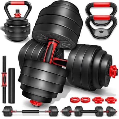 RE:SPORT Ensemble d’haltères 2 en 1 avec kettlebell 40 kg, réglables, haltères courts et longs, fermeture en étoile et tube de raccordement