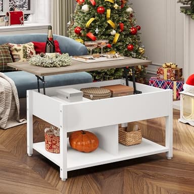 YITAHOME Table Basse à Plateau Relevable, Rangement à 2 Niveaux, Table Basse à Hauteur Réglable avec Compartiment de Rangement Caché et Étagère pour Salon, Bureau, Blanc et Gris