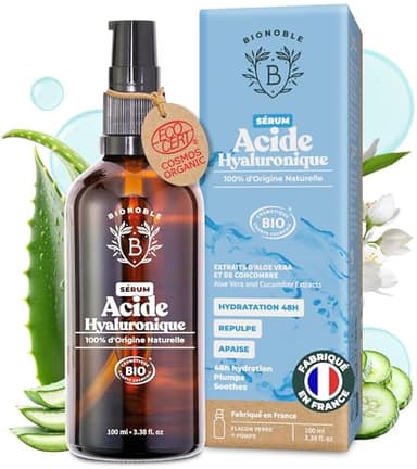 BIONOBLE Sérum Visage Acide Hyaluronique Pur certifié Bio - Soin Hydratant Anti-Âge, Anti-Rides - Serum Acide Hyaluronique Visage - Bouteille en Verre, Pompe - Hyaluronic Acid Made in France - 100ml