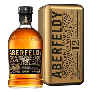Coffret Cadeau Doré Aberfeldy 12 Year Old Single Malt Scotch Whisky, 40 % vol., 70 cl / 700 ml, Whisky premium vieilli dans quatre types de fûts