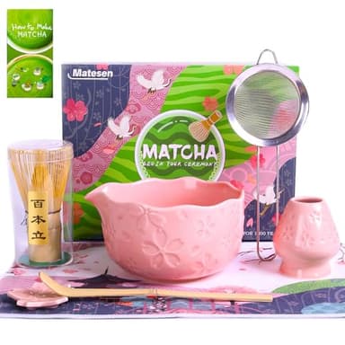 Matesen Matcha Kit Rose, Kit Matcha Complet, 7 Pièces Matcha Set, Ustensiles Pour Cérémonie du thé Japonais, Support de Fouet à Matcha, Coffret Matcha Cadeau de noël Pour la Famille, les amis