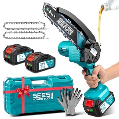 SEESII Mini Tronçonneuse à Batterie 8000mAh, 6 Pouces Tronçonneuse Électrique sans Fil avec Injecteur de Lubrifiant et Chaîne de Remplacement, Mini Scie à Chaîne Électrique pour Jardin, M6 Pro