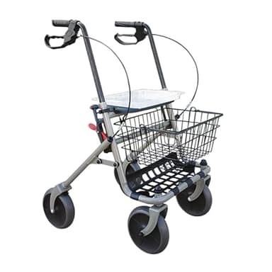PLUS SANTÉ – Déambulateur STABILIO tout-terrain | 4 roues larges avec freins, assise 46×33 cm, hauteur réglable 88–99 cm, panier intégré, pliable pour transport | 9 kg | 100 kg