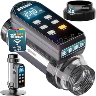 Poolomio Chlorinateur de piscine jusqu'à 110 000 l | Électrolyseur au sel 25 g/h avec commande intelligente par application et cellule de titane | Système de sel de piscine pour l'entretien de l'eau