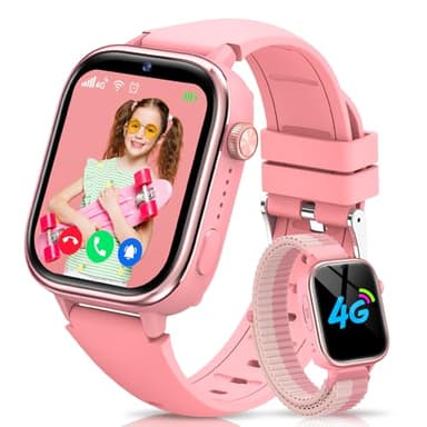 RUXINGX Montre Connectée Enfant GPS, 4G Montre Intelligente avec Carte Sim/SOS/Mode Classe/Appels Vidéo/Chat Vocal/Téléphone/Podomètre/Réveil/Jeux, IP68 Étanche Smartwatch pour Garçons Filles, Rose