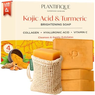 PLANTIFIQUE Turmeric & Kojic Acid Soap | Savon Visage Corps au Curcuma avec Sac Filet | Skincare Coréenne Anti Tache Antiseptique Femme Homme | Savon Éclaircissant Peau Noir Rapide Efficace | 4 Barres