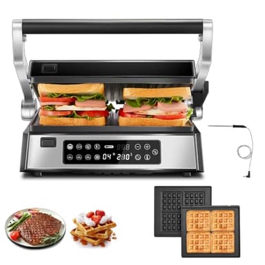 FOHERE Gril de Contact Multifonctionnel 4 en 1, Appareil Paninis & SandwichMaker 2200W avec 4 Plaques Amovibles Antiadhésives et Ouverture à 180º, Temps et Température Personnalisés,Indicateur LED
