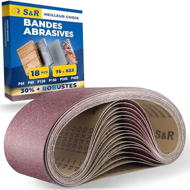 S&R Bandes Abrasives pour Ponceuse 75 x 533 mm. Lot de 18 Bandes Abrasives: 3 Rubans chaque grain P60, P80, P120, P150, P240, P400