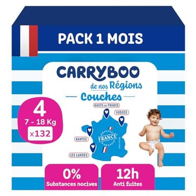 CARRYBOO - Couches Taille 4 (7-18kg) - Saines et Ultra Absorbantes - 12h Anti Fuites - Sans substances indésirables - Fabriquées en France - Prix Accessible - 132 Couches Jetables - Pack 1 Mois