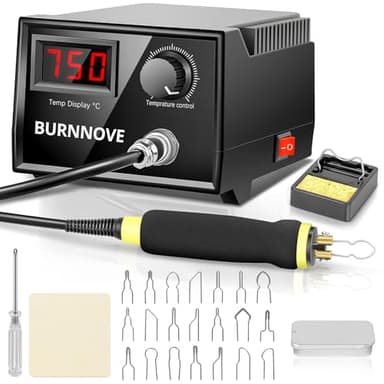 BURNNOVE Machine à Pyrogravure 60W Pyrogravur sur Bois 100-750°C Ensemble D'outils pour Stylo Woodburner avec 21 Pointes Station de Fer à Souder Température Réglable pour Souder Bois Cuir citrouille