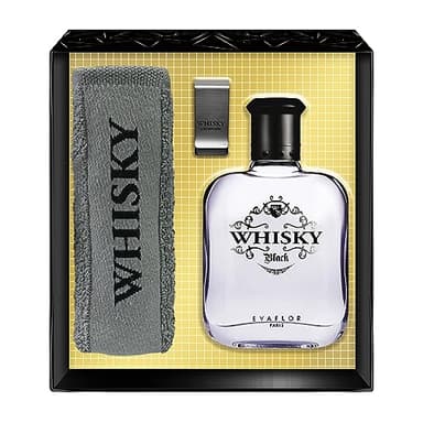 EVAFLORPARIS Whisky Black Coffret pour Homme Eau de Toilette 100 ml + Serviette Eponge + Money Clip Vaporisateur Spray Parfum Homme 100 ml