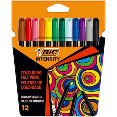 BIC Intensity - Feutre de Coloriage Pointe fine et Corps Noir Mat - Couleurs assorties, Pochette de 12