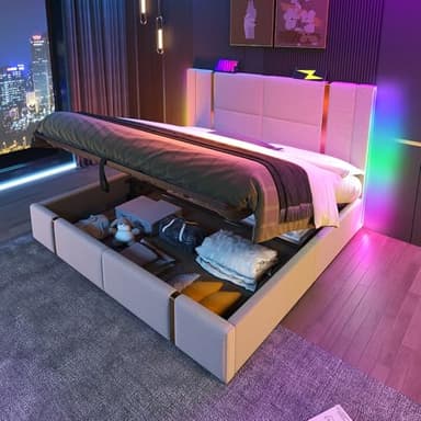Lit Double LED avec USB et APP Control - Coffre de Rangement et Tête de Lit - Cadre 160x200 sans Matelas