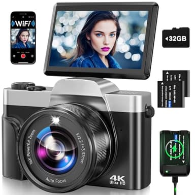 Appareil Photo Numérique avec WiFi, 4K 64MP Autofocus Camera Vlog 16X Digital Zoom à Écran Rabattable à 180° Appareils Photo Compact avec Station de Charge, 2 Batteries, Carte 32 GB pour Débutants